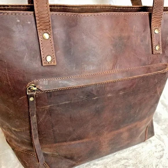 NEW MH 100% Genuine Leather Distressed Brown Large Tote Laptop Bag Purse - Picture 7 of 16